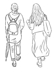 Vector contour drawing of teen girls walking along street