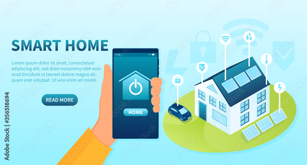 Aufkleber smart home concept with app on mobile phone and a house and car with assorted internet icons for wif