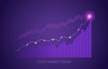 Increasing upward stock market trend with fluctuating purple electronic graph showing growing value in a financial and economic concept, colored vector illustration