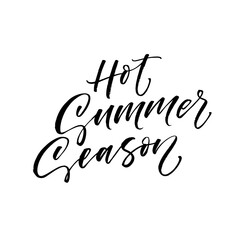 Hot summer season postcard. Hand drawn brush style modern calligraphy. Vector illustration of handwritten lettering. 