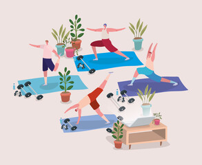 Men doing yoga on mats in front of laptop design of Stay at home theme Vector illustration