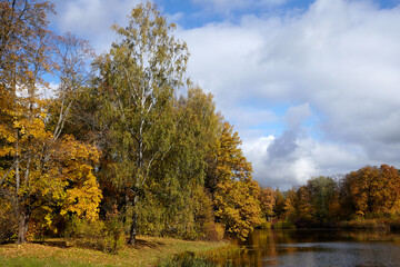 Autumn. Park. On the right and left sides of the river there are trees with yellow and purple leaves. White clouds against a blue sky.