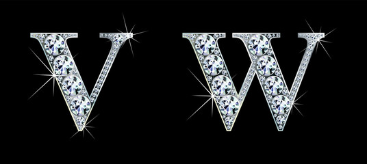 Diamond alphabet letters. Stunning beautiful V, W jewelry set in gems and silver. Vector eps10 illustration.