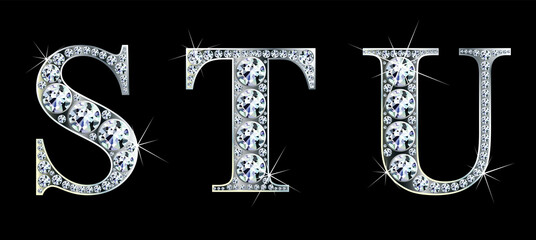 Diamond alphabet letters. Stunning beautiful S, T, U, jewelry set in gems and silver. Vector eps10 illustration. - 356519062