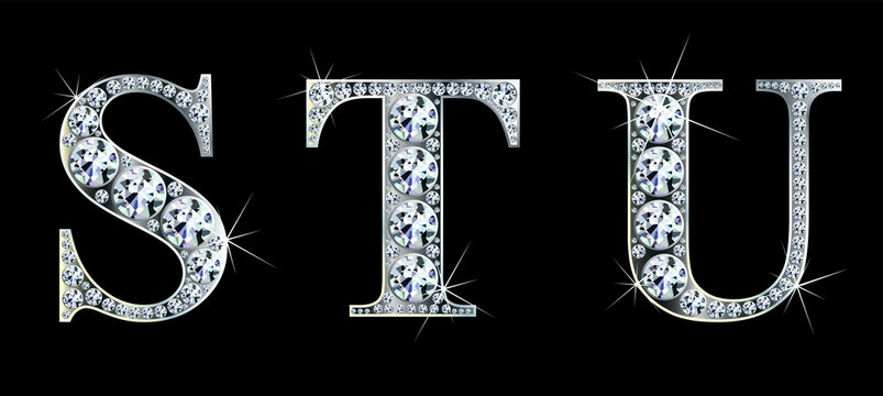 Diamond alphabet letters. Stunning beautiful S, T, U, jewelry set in gems and silver. Vector eps10 illustration.