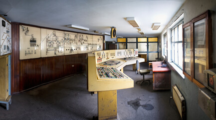 Yellow old dashboards with many buttons sensors and dials in control room with drawings and diagrams on wall in deserted building of neglect coal mine