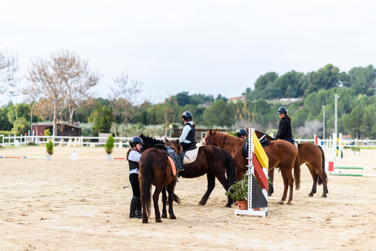 Teen jockeys in helmets communicating with each other while riding obedient horses on sandy dressage arena during lesson in equestrian school