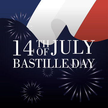 bastille day celebration card with france flag and fireworks
