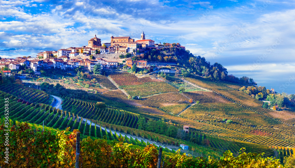 Poster golden vineyards and picturesque villages of piedmont. famous wine region of northern italy