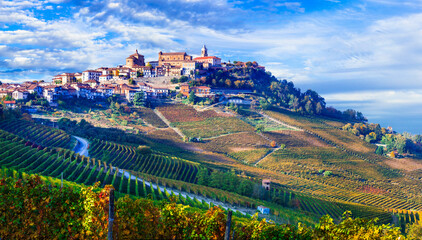Golden vineyards and picturesque villages of Piedmont. famous wine region of northern Italy