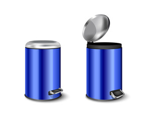 cylindrical office trash can blue color.  garbage containers with pedal and swivel top. Metal bucket with a lid.
