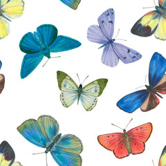 Obraz na płótnie Canvas Different color butterflies painted by watercolor. Seamless botanical pattern. Watercolor illustration of butterflies for packaging and printing.