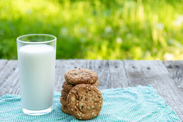 A glass of homemade milk along with cookies in the early morning on a green grassy background with space to copy.