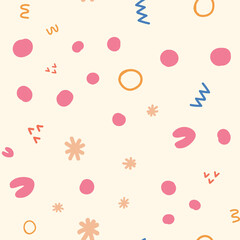 Abstract shapes seamless pattern. Festive background with colorful sprinkles and dots. Vector illustration design.
