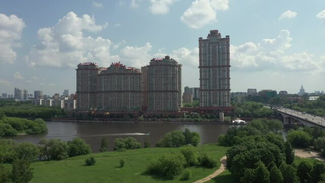 New modern residential complex on the banks of the river. Aerial view