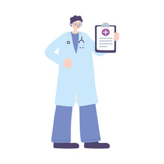 male physician with professional with medical report stethoscope staff character