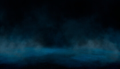 Dark street, wet asphalt, reflections of rays in the water. Abstract dark blue background, smoke, smog. Empty dark scene, neon light, spotlights. Concrete floor