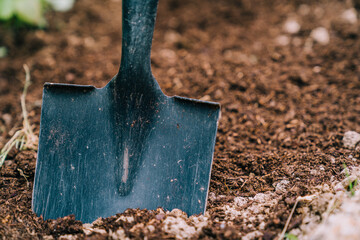 Shovel with soil in garden