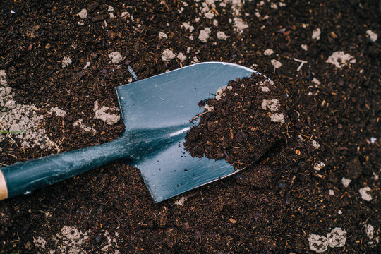 Shovel with soil in garden
