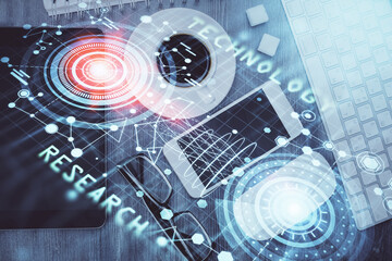 Multi exposure of technology theme drawing over work table desktop. Top view. Global data analysis concept.