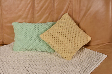 knitted pillow and handmade plaid
