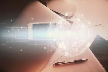 Naklejka premium Double exposure of social network theme drawing over table with phone. Top view. People connecting concept.