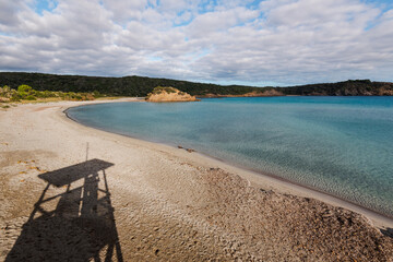 es grau beach, abandoned paradise beach in Menorca, a Spanish Mediterranean island, after the covid 19 coronavirus crisis