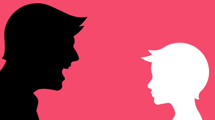 The father scolding his son. Silhouettes of parent and child. Education, punishment, suppression, abuse, growing up.