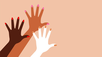 Hands raised up. Three female hands of different ethnicities. Concept of equality, voting, ethnic diversity. Modern Vector illustration with copy space