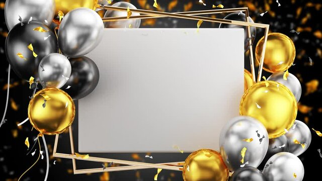 Birthday balloons with confetti. Invited card with golden frame. 3D render.	

