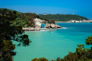 The rock arch on the sea in Vieste, the Gargano coast.
