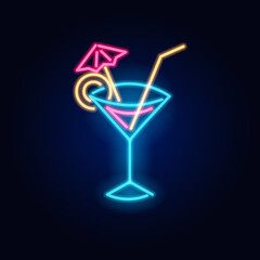 Neon cocktail. Fashion sign. Night light signboard, Glowing banner. Summer emblem. Club Bar logo on dark background. Alcohol drink with an umbrella in a glass.
