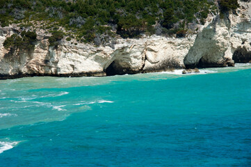 View of caves of the Gargano Coast, National park on Puglia on Italy