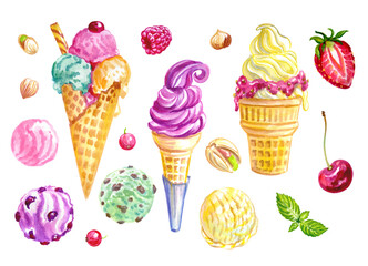 Set of ice cream in the horns, berries and nuts, watercolor illustration on a white background, isolated. Food drawing, print for menus, posters and other designs.