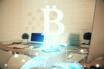 Double exposure of crypto technology theme drawing and office interior background. Concept of blockchain.