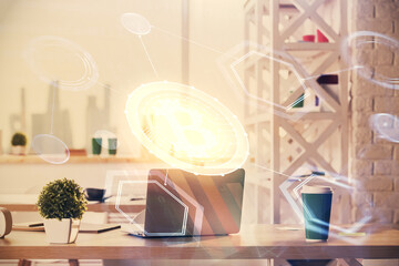 Double exposure of crypto technology theme drawing and office interior background. Concept of blockchain.