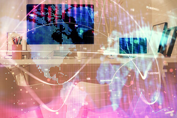 Double exposure of business theme drawing and office interior background. Concept of success