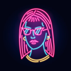Neon Girl in glasses. Fashion sign. Night light signboard, Glowing banner. Summer emblem. Club Bar logo on dark background. Party woman.