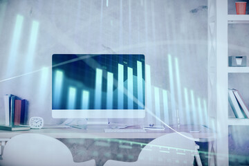 Multi exposure of stock market chart drawing and office interior background. Concept of financial analysis.