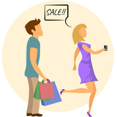 Woman Shopper Sale Buyer And Man Holding Shopping Bags