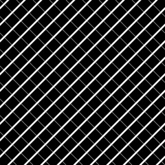 White diagonal stripes grill on black background. Seamless pattern with black mini blocks ornament on white back. Grid motif. Crossed lines wallpaper. Checkered image. Digital paper for print. Vector.