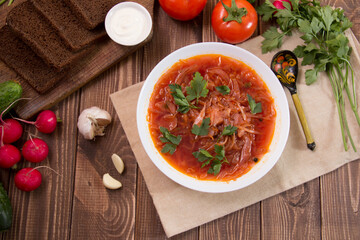 photo for menu, Ukrainian and Russian traditional beetroot soup - borscht with sour cream garlic pepper and sauce, Ukrainian borscht with sour cream, food background, Food and health