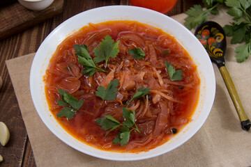 photo for menu, Ukrainian and Russian traditional beetroot soup - borscht with sour cream garlic pepper and sauce, Ukrainian borscht with sour cream, food background, Food and health
