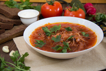 photo for menu, Ukrainian and Russian traditional beetroot soup - borscht with sour cream garlic pepper and sauce, Ukrainian borscht with sour cream, food background, Food and health