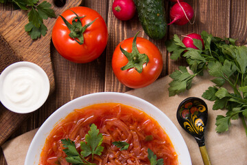 photo for menu, Ukrainian and Russian traditional beetroot soup - borscht with sour cream garlic pepper and sauce, Ukrainian borscht with sour cream, food background, Food and health