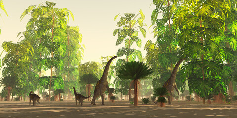 Argentinosaurus Herd Eating - A Cycad and Monstera deliciosa forest in the Cretaceous Period provides forage for a herd of Argentinosaurus dinosaurs. © Catmando