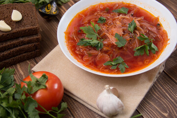 photo for menu, Ukrainian and Russian traditional beetroot soup - borscht with sour cream garlic pepper and sauce, Ukrainian borscht with sour cream, food background, Food and health