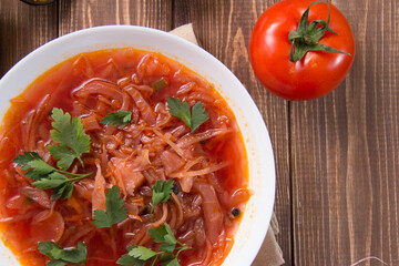 photo for menu, Ukrainian and Russian traditional beetroot soup - borscht with sour cream garlic pepper and sauce, Ukrainian borscht with sour cream, food background, Food and health