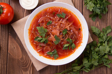 photo for menu, Ukrainian and Russian traditional beetroot soup - borscht with sour cream garlic pepper and sauce, Ukrainian borscht with sour cream, food background, Food and health