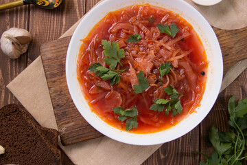 photo for menu, Ukrainian and Russian traditional beetroot soup - borscht with sour cream garlic pepper and sauce, Ukrainian borscht with sour cream, food background, Food and health